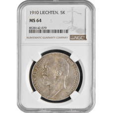 Liechtenstein 5 kronen 1910, NGC MS64, "Prince Johann II (1858 - 1929)" silver