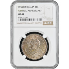 Lithuania 10 litu 1938, NGC MS62, "20th Anniversary - Republic" silver coin
