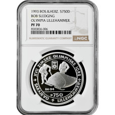 Bosnia & Herzegovina 750 dinara 1993 PM, NGC PF70 UC, "Olympics - Bobsledding" Top Pop 1/0