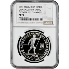 Bosnia & Herzegovina 750 dinara 1993 PM, NGC PF70, "Cross-Country Skiing"Top 1/0