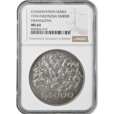 Indonesien 5000 Rupiah 1974, NGC MS64, "Orang-Utan" Silbermünze