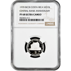 Costa Rica 2 Colones 1970, NGC PF68 UC, "20 Jahre - Zentralbank" Silbermünze