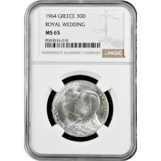 Greece 30 drachmai 1964, NGC MS65, "Royal Marriage" silver coin