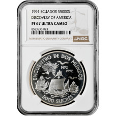 Ecuador 5000 sucres 1991, NGC PF67 UC, "Encounter of the Two Worlds" silver coin