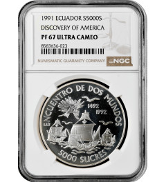 Ecuador 5000 sucres 1991, NGC PF67 UC, "Encounter of the Two Worlds" silver coin