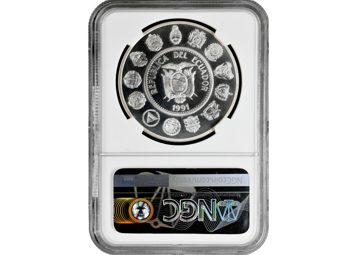 Ecuador 5000 sucres 1991, NGC PF67 UC, "Encounter of the Two Worlds" silver coin