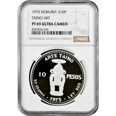 Dominican Republic 10 pesos 1975, NGC PF69 UC, "Pueblo Viejo Mine" silver