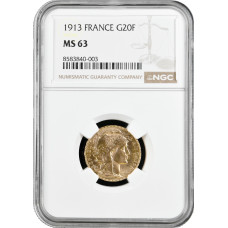 France 20 francs 1913, NGC MS63, "Third Republic (1870 - 1941)" gold coin