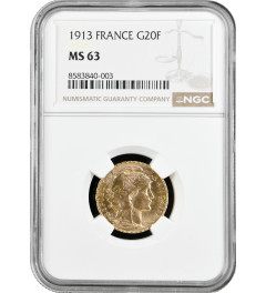 France 20 francs 1913, NGC MS63, "Third Republic (1870 - 1941)" gold coin