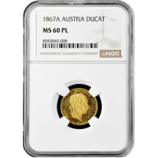 Австрия 1 дукат 1867 г. A, NGC MS60 PL, "Император Франц Иосиф (1848 - 1916)"