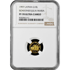 Latvia 10 latu 1997, NGC PF70 UC, "Sailing Ship "Julia Maria" gold coin Top Pop