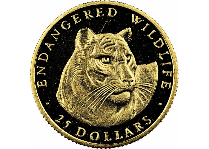 Острова Кука 25 долларов 1990 г. PM, NGC PF68 CAMEO, "Вымирающие виды - Тигр"