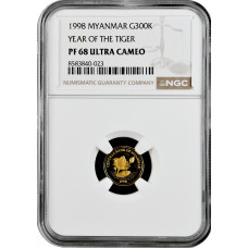 Myanmar 300 kyats 1998, NGC PF68 UC, "Chinese Zodiac - Year of Tiger" gold coin