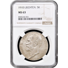 Liechtenstein 5 kronen 1910, NGC MS63, "Prince Johann II (1858 - 1929)" silver