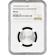 Bolivia 100 pesos 1975, NGC MS63, "150th Anniversary of Independence"