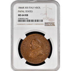 Папская область 4 сольдо 1866 г. R, NGC MS64 RB, "Папа Пий IX (1846 - 1878)"