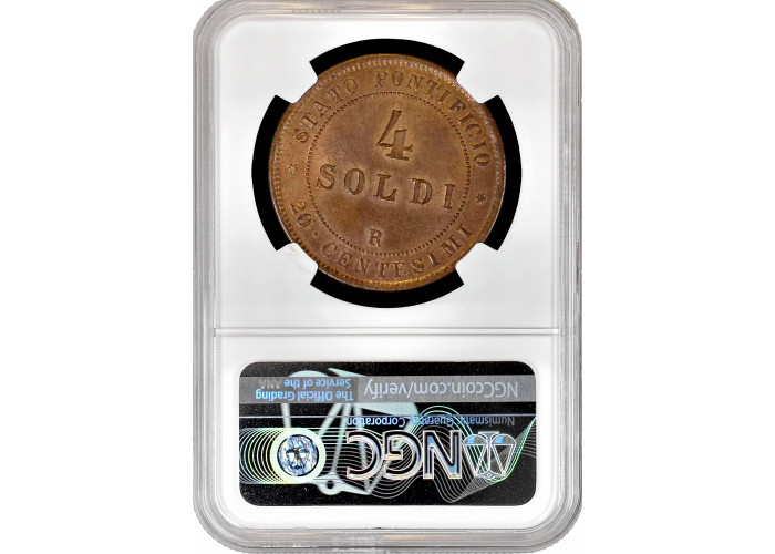 Папская область 4 сольдо 1866 г. R, NGC MS64 RB, "Папа Пий IX (1846 - 1878)"