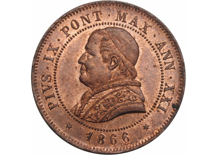 Папская область 4 сольдо 1866 г. R, NGC MS64 RB, "Папа Пий IX (1846 - 1878)"