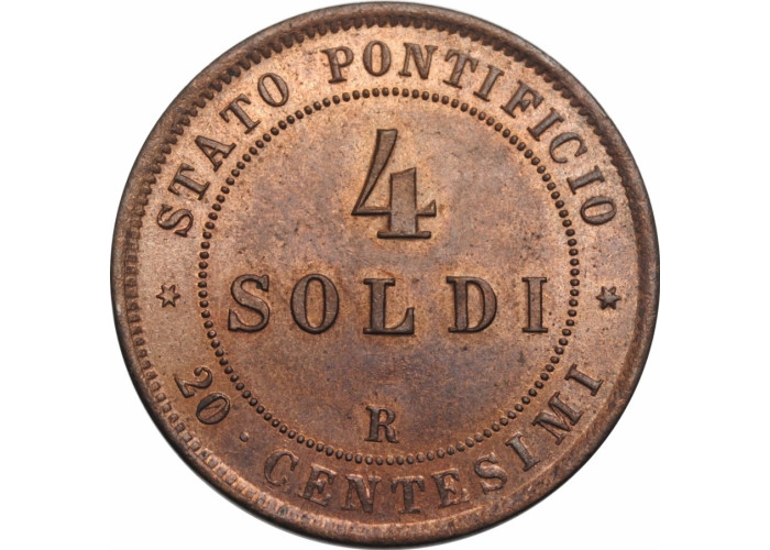 Папская область 4 сольдо 1866 г. R, NGC MS64 RB, "Папа Пий IX (1846 - 1878)"