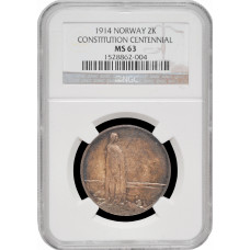 Норвегия 2 кроны 1914 г., NGC MS63, "100 лет Конституции Норвегии"