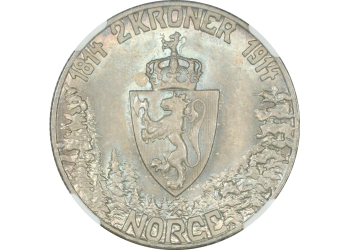 Норвегия 2 кроны 1914 г., NGC MS63, "100 лет Конституции Норвегии"