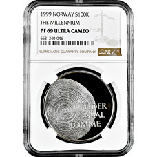 Норвегия 100 крон 1999 г., NGC PF69 UC, "2000 год - Миллениум"