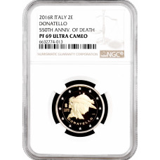Италия 2 евро 2016 г., NGC PF69 UC, "550 лет со дня смерти Донателло"