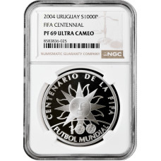 Uruguay 1000 pesos 2004, NGC PF69 UC, "100th Anniversary of FIFA" silver coin