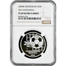 Schweiz 20 Franken 2004 B, NGC PF69 UC, "100 Jahre FIFA" Silbermünze