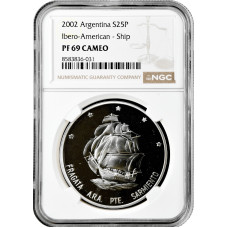 Argentinien 25 Pesos 2002, NGC PF69 CAM, "Segelschiff "Presidente Sarmiento" Top