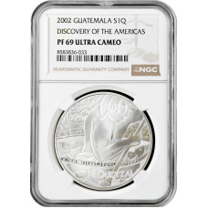 Guatemala 1 Quetzal 2002, NGC PF69 UC, "Ibero-Amerika - Kanufischer" Silbermünze