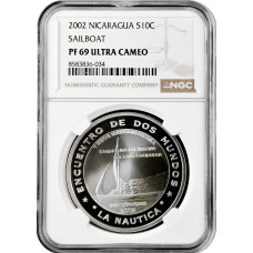 Nicaragua 10 Cordobas 2002, NGC PF69 UC, "Ibero-America - Segelboot" Top Pop