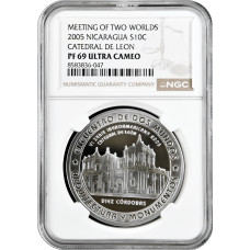 Nicaragua 10 Cordobas 2005, NGC PF69 UC, "Ibero-America - Leon Cathedral"