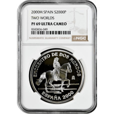 Испания 2000 песет 2000 г. M, NGC PF69 UC, "Иберо-Америка - Человек и лошадь" Top Pop