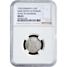 Саксен-Гота-Альтенбург 1/24 талера 1755 г., NGC MS65, "200 лет Аугсбургскому миру"