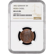 Гессен-Кассель 3 геллера 1852 г., NGC MS65 BN, "Фридрих Вильгельм I (1847 - 1866)" Top Pop 1/0