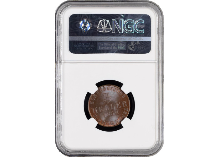 Гессен-Кассель 3 геллера 1852 г., NGC MS65 BN, "Фридрих Вильгельм I (1847 - 1866)" Top Pop 1/0