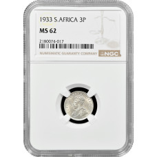 Südafrika 3 Pence 1933, NGC MS62, "König Georg V (1923 - 1936)" Silbermünze