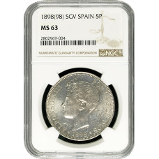 Испания 5 песет 1898 г. SGV, NGC MS63, "Король Альфонсо XIII (1886 - 1931)"