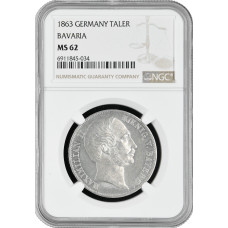 Бавария 1 союзный талер 1863 г., NGC MS62, "Король Людвиг II (1864 - 1886)"