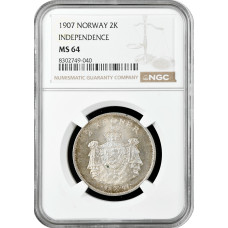 Norwegen 2 Kronen 1907, NGC MS64, "Unabhängigkeit Norwegens" Silbermünze