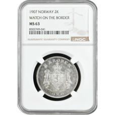 Norwegen 2 Kronen 1907, NGC MS63, "Wache an der Grenze" Silbermünze