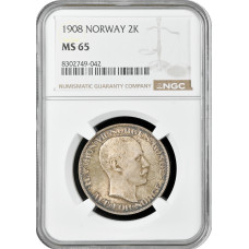 Norwegen 2 Kronen 1908, NGC MS65, "König Haakon VII (1906 - 1957)" Top Pop