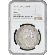 Saxony 5 mark 1914 E, NGC MS62, "King Friedrich August III (1904 - 1918)"