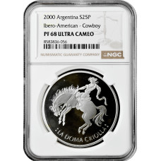 Аргентина 25 песо 2000 г., NGC PF68 UC, "Иберо-Америка - Мужчина и лошади"