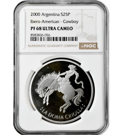 Argentina 25 pesos 2000, NGC PF68 UC, "Ibero-America - Man and Horses" silver