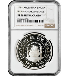 Argentina 1000 australes 1991, NGC PF68 UC, "500th Ann. - Discovery of America"