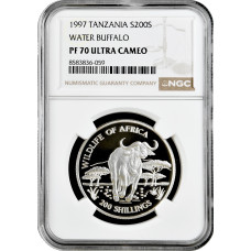 Танзания 200 шиллингов 1997 г., NGC PF70 UC, "Дикая природа Африка - Водяной буйвол"