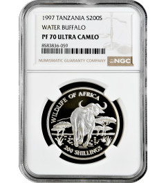Tanzania 200 shillings 1997, NGC PF70 UC, "Wildlife of Africa - Water Buffalo"