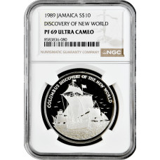 Ямайка 10 долларов 1989 г., NGC PF69 UC, "Открытие Колумбом Нового Света"